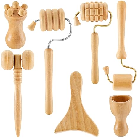 Wooden Skin Care Facial Massager Cupping Facial Cups Contouring Facial Roller Set – 7 Pcs
