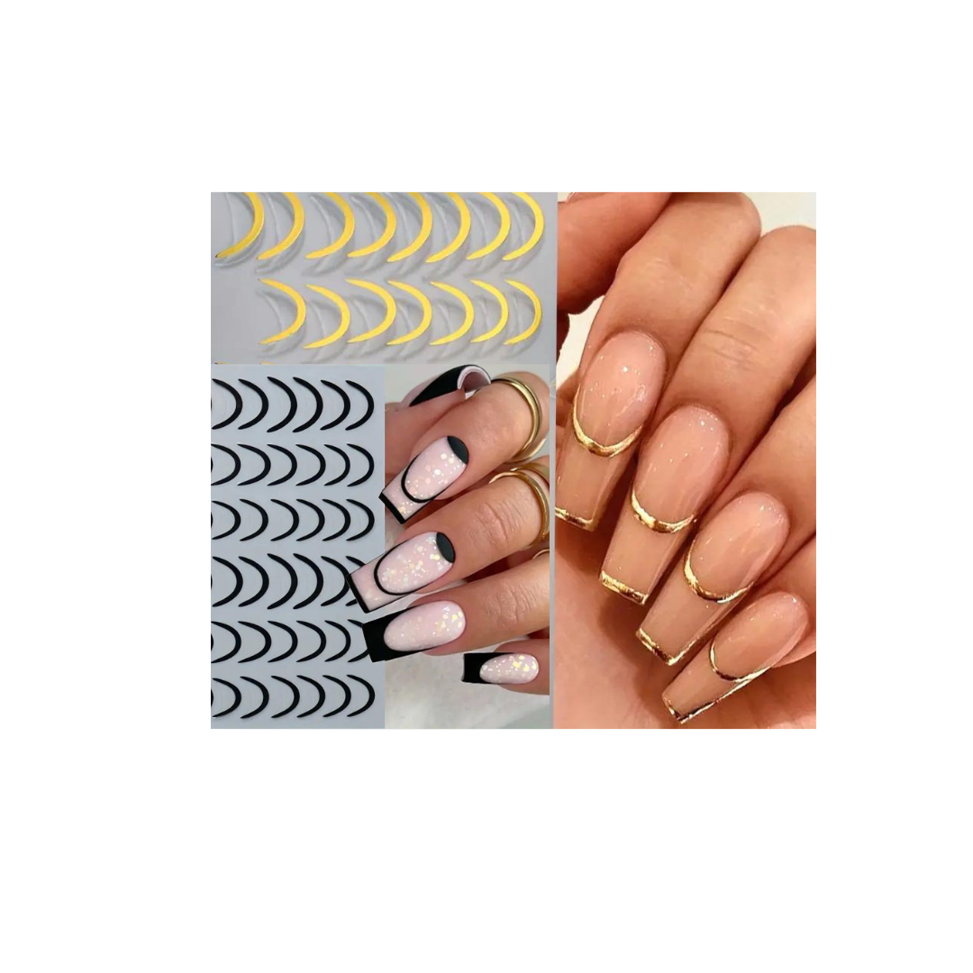 Stickers 3D Nail Art French Tips Swirl Stripe Line – BLOCK AND GOLDEN – 2 Set pcs
